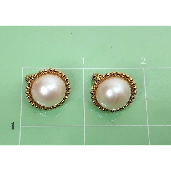 Vintage Monet Gold Faux Pearl Clip-On Earrings Signed - Picture 2 of 4